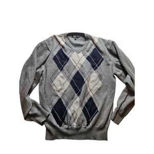 Marco Fiori Italy Mens  V-Neck Sweater 100% Extrafine Merino Wool Grey Argyle